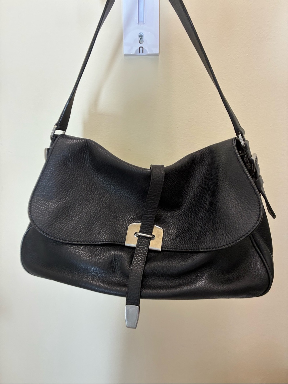 Prada Black Pebbled Leather Shoulder Bag with Silver Hardware